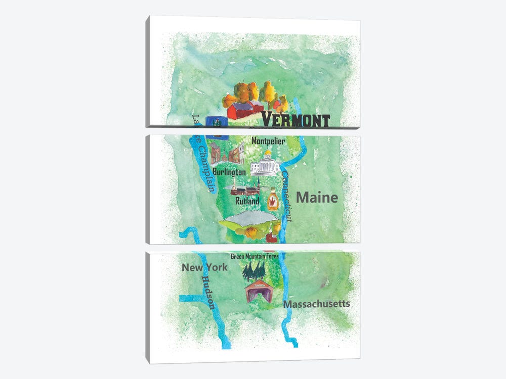 USA, Vermont State Travel Poster Map by Markus & Martina Bleichner 3-piece Canvas Artwork