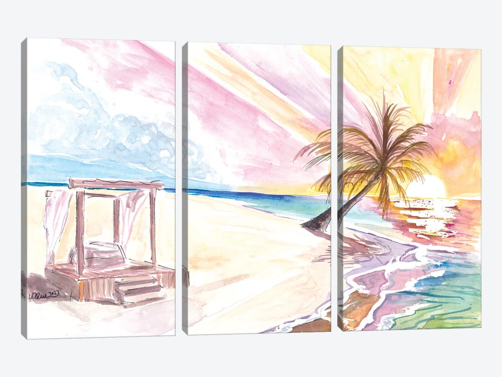Dreaming Into The Tropical Sunset With Beach Bed Palms And Waves by Markus & Martina Bleichner 3-piece Canvas Wall Art