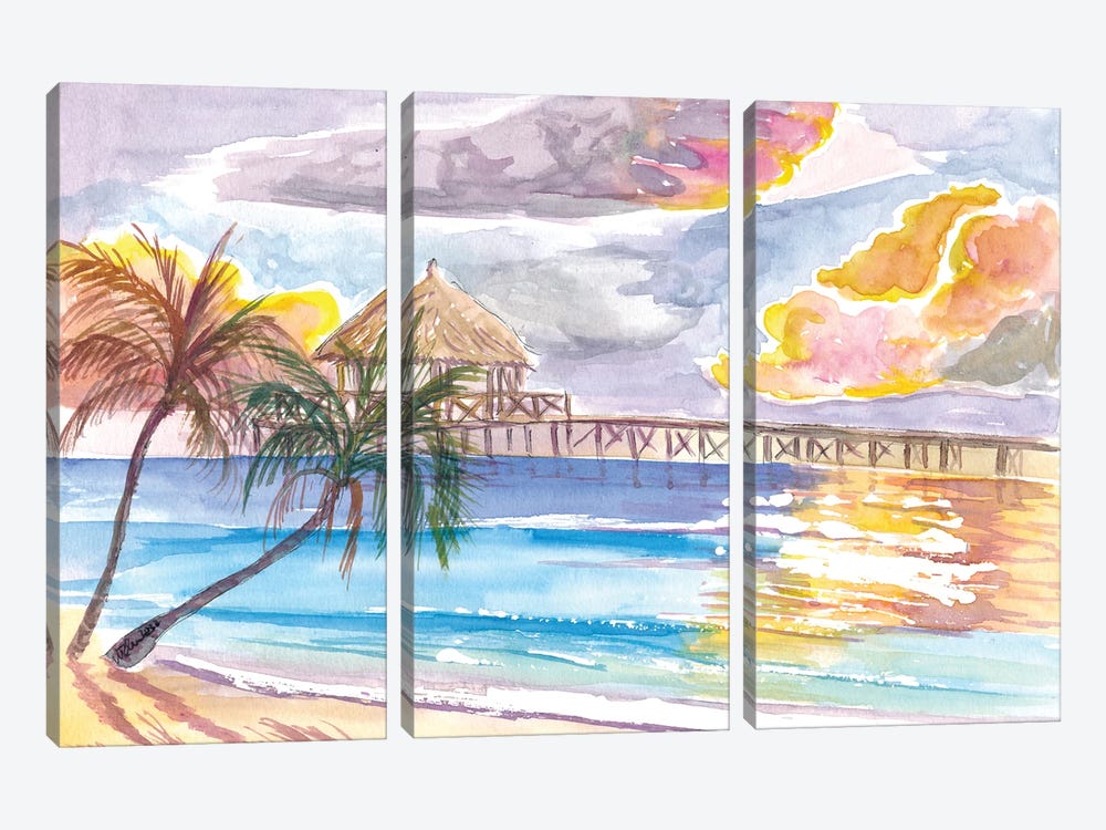Maldives Escape And Hideaway With Tropical Deluxe Water Villa And Sunset by Markus & Martina Bleichner 3-piece Canvas Print