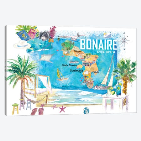 Bonaire Dutch Antilles Caribbean Island Illustrated Travel Map With Tourist Highlights Canvas Print #MMB774} by Markus & Martina Bleichner Canvas Wall Art