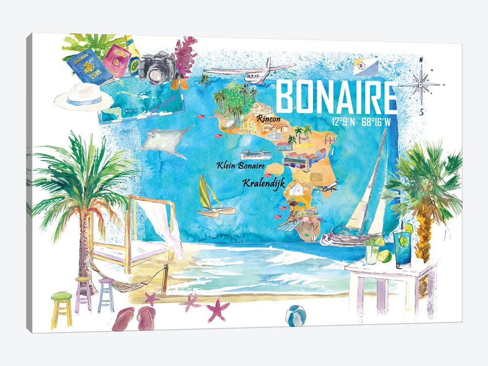 Bonaire Dutch Antilles Caribbean Island Illustrated Travel Map With Tourist Highlights by Markus & Martina Bleichner 1-piece Canvas Print