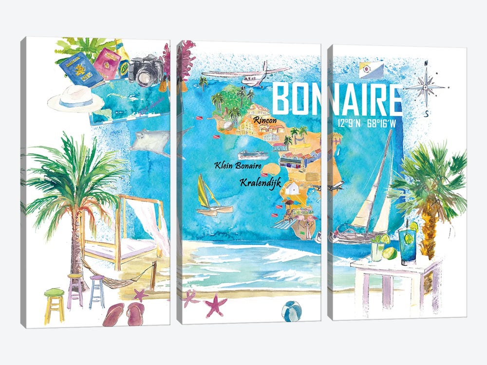 Bonaire Dutch Antilles Caribbean Island Illustrated Travel Map With Tourist Highlights by Markus & Martina Bleichner 3-piece Art Print