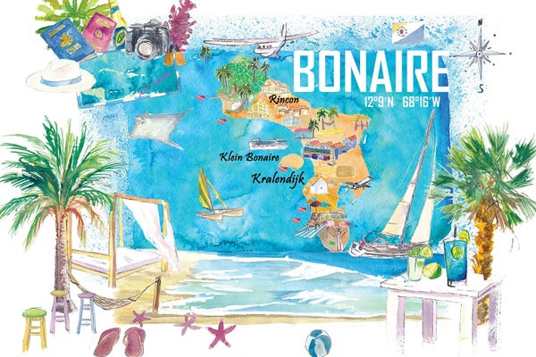Markus & Martina Bleichner: Bonaire Dutch Antilles Caribbean Island Illustrated Travel Map With Tourist Highlights by Markus & Martina Bleichner