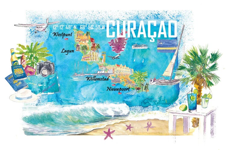 Curacao Dutch Antilles Caribbean Island Illustrated Travel Map With Tourist Highlights