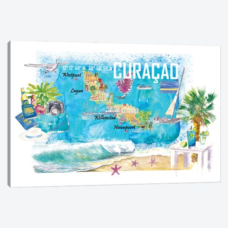Curacao Dutch Antilles Caribbean Island Illustrated Travel Map With Tourist Highlights Canvas Print #MMB775} by Markus & Martina Bleichner Canvas Artwork