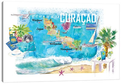 Curacao Dutch Antilles Caribbean Island Illustrated Travel Map With Tourist Highlights Canvas Art Print