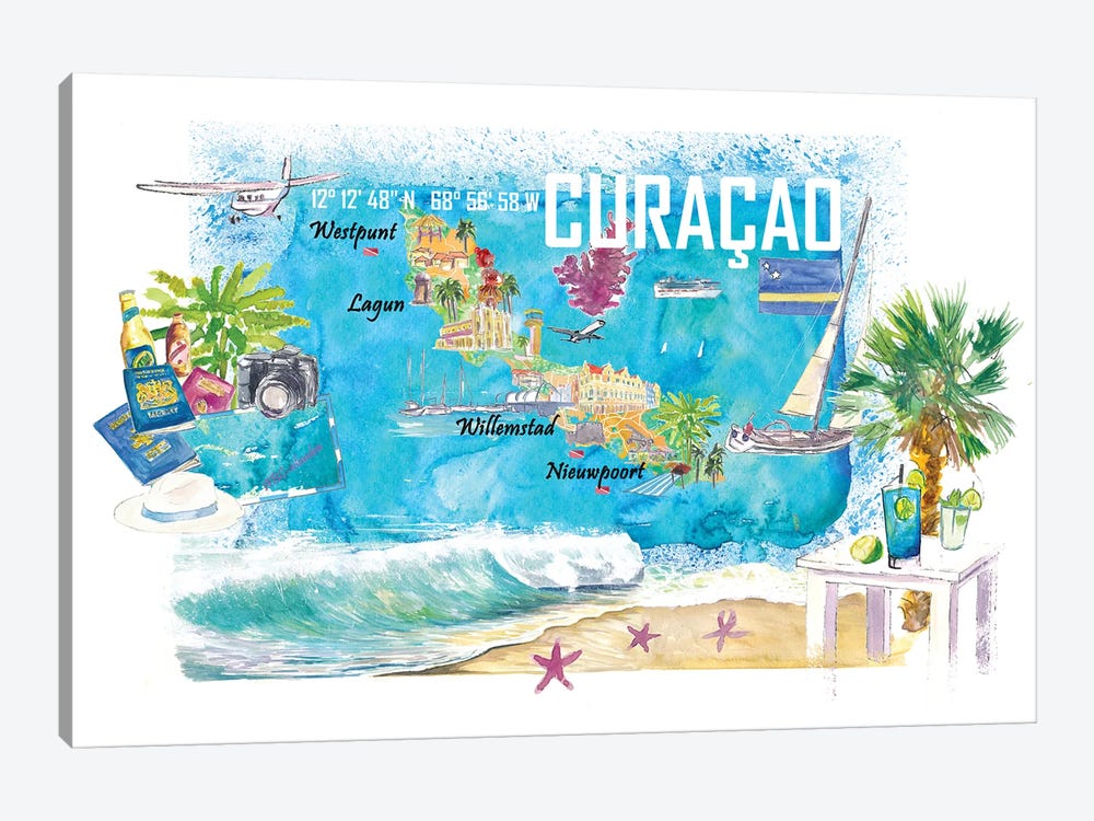 Curacao Dutch Antilles Caribbean Island Illustrated Travel Map With Tourist Highlights by Markus & Martina Bleichner 1-piece Canvas Wall Art