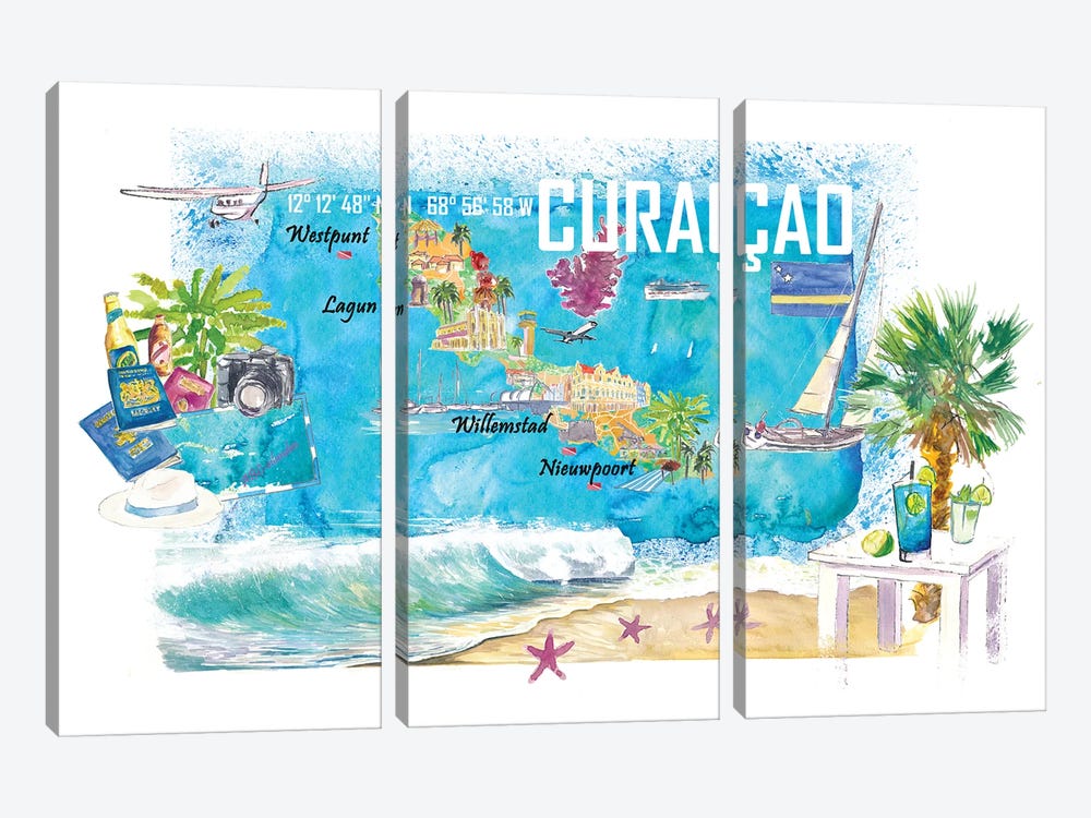 Curacao Dutch Antilles Caribbean Island Illustrated Travel Map With Tourist Highlights by Markus & Martina Bleichner 3-piece Canvas Wall Art