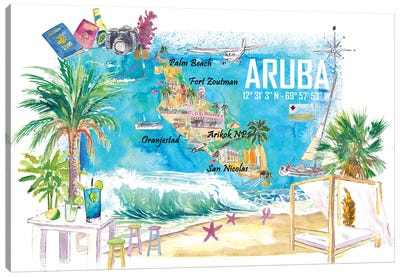 Aruba Dutch Antilles Caribbean Island Illustrated Travel Map With Tourist Highlights Canvas Art Print - Caribbean Art