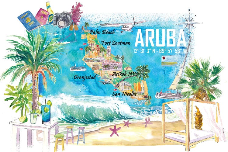 Aruba Dutch Antilles Caribbean Island Illustrated Travel Map With Tourist Highlights