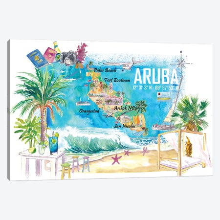 Aruba Dutch Antilles Caribbean Island Illustrated Travel Map With Tourist Highlights Canvas Print #MMB776} by Markus & Martina Bleichner Canvas Art