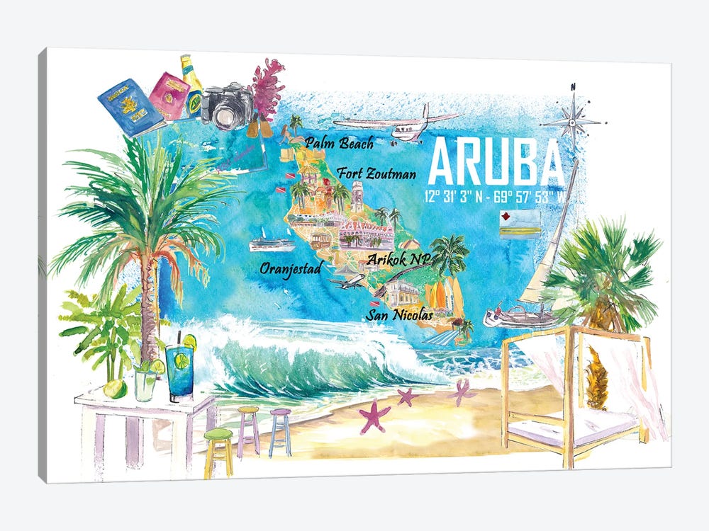 Aruba Dutch Antilles Caribbean Island Illustrated Travel Map With Tourist Highlights by Markus & Martina Bleichner 1-piece Canvas Art Print