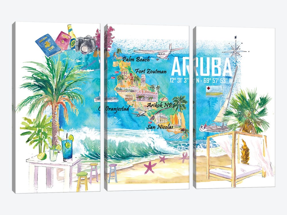 Aruba Dutch Antilles Caribbean Island Illustrated Travel Map With Tourist Highlights by Markus & Martina Bleichner 3-piece Canvas Print