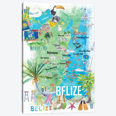 Belize Caribbean Illustrated Travel Map With Roads And Tourist Highlights Canvas Print #MMB777} by Markus & Martina Bleichner Canvas Wall Art