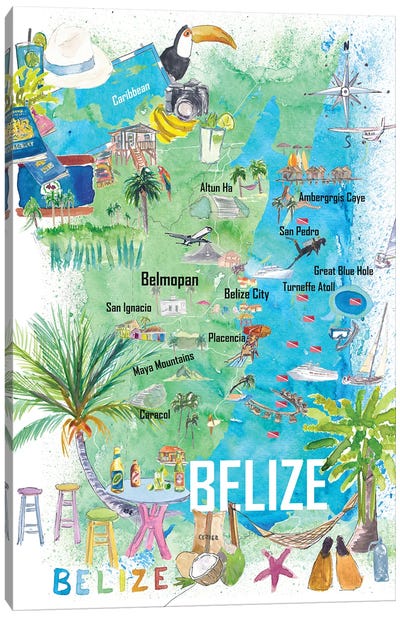 Belize Caribbean Illustrated Travel Map With Roads And Tourist Highlights Canvas Art Print - Markus & Martina Bleichner