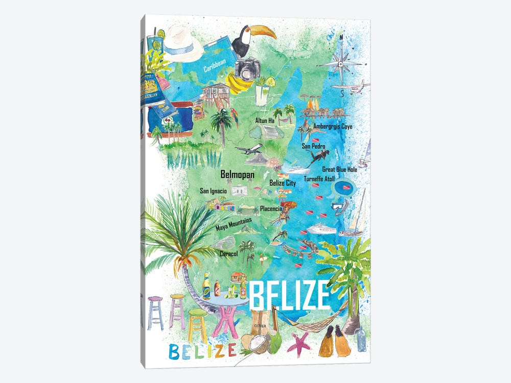 Belize Caribbean Illustrated Travel Map With Roads And Tourist Highlights by Markus & Martina Bleichner 1-piece Canvas Art