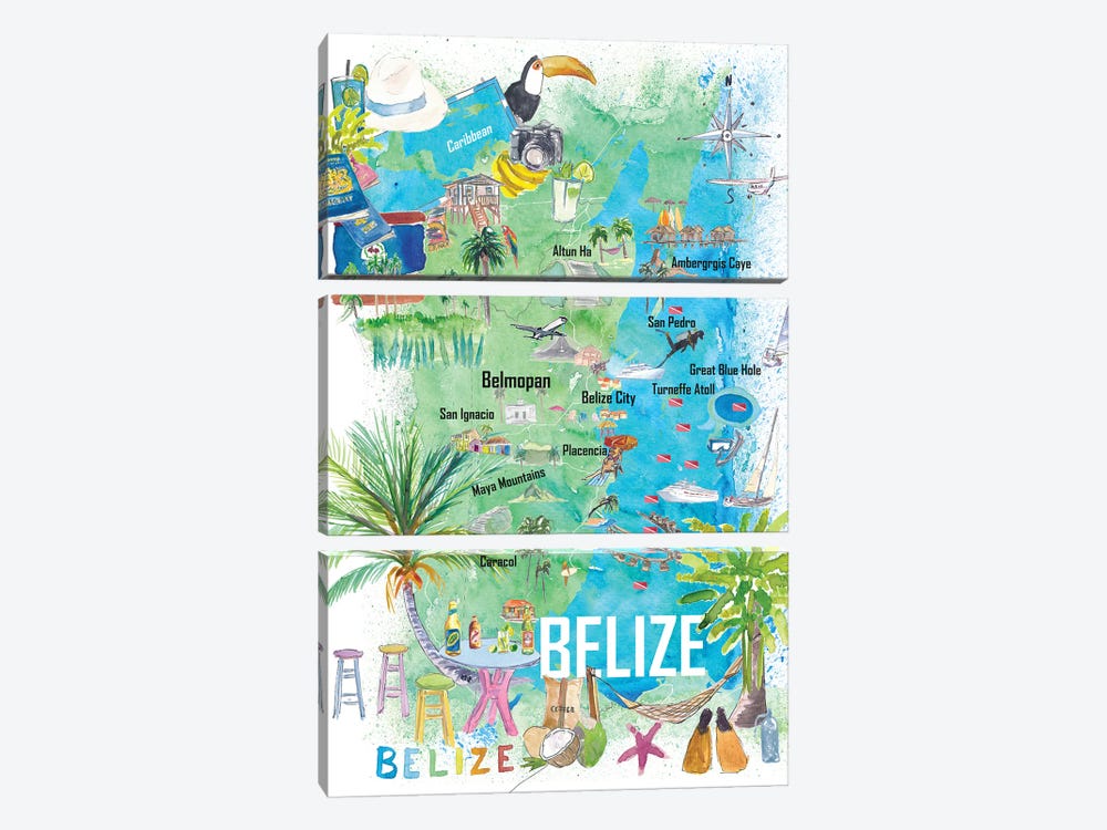 Belize Caribbean Illustrated Travel Map With Roads And Tourist Highlights by Markus & Martina Bleichner 3-piece Canvas Wall Art