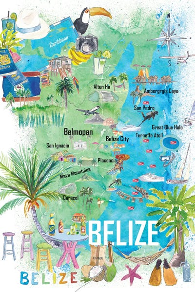 Markus & Martina Bleichner: Belize Caribbean Illustrated Travel Map With Roads And Tourist Highlights by Markus & Martina Bleichner
