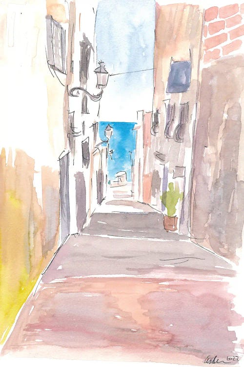 Altea Spain Narrow Alley With Sea On Costa Blanca