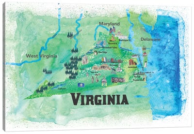 USA, Virginia State Travel Poster Map Canvas Art Print - Virginia Art