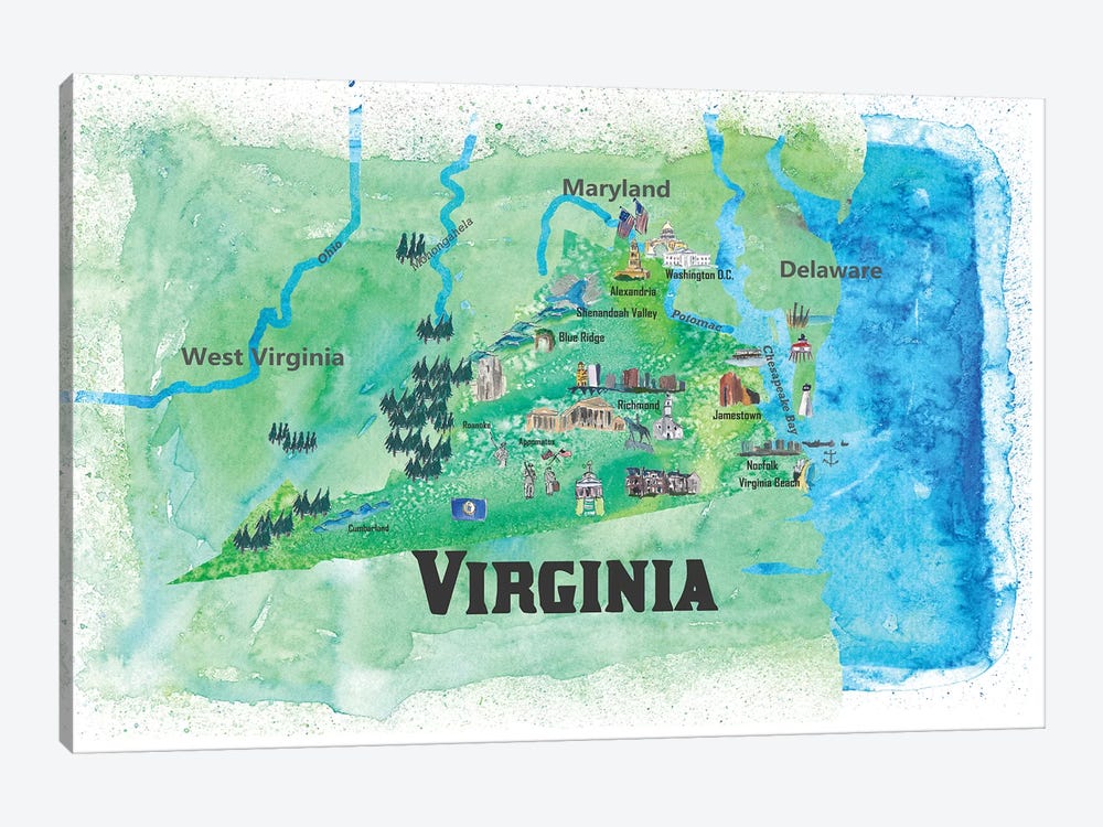 USA, Virginia State Travel Poster Map by Markus & Martina Bleichner 1-piece Canvas Print