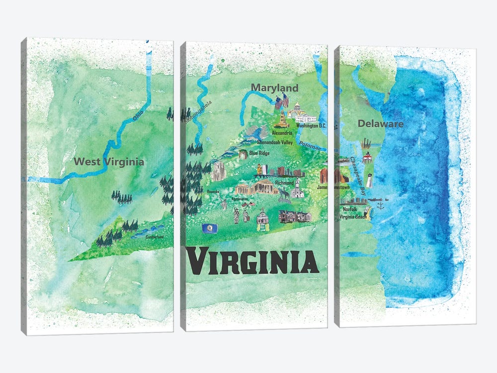 USA, Virginia State Travel Poster Map by Markus & Martina Bleichner 3-piece Art Print