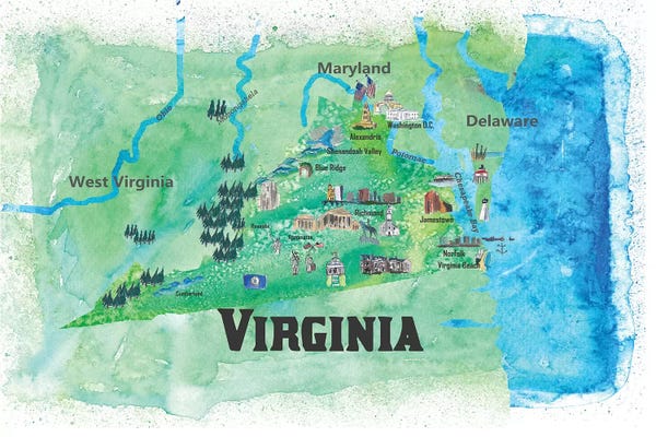 Kids Map Art: USA, Virginia State Travel Poster Map by Markus & Martina Bleichner