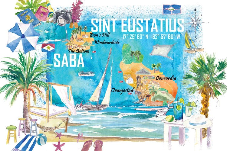 Saint Eustatius And Saba Dutch Caribbean Island Illustrated Travel Map With Tourist Highlights