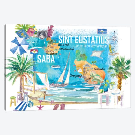 Saint Eustatius And Saba Dutch Caribbean Island Illustrated Travel Map With Tourist Highlights Canvas Print #MMB782} by Markus & Martina Bleichner Canvas Art