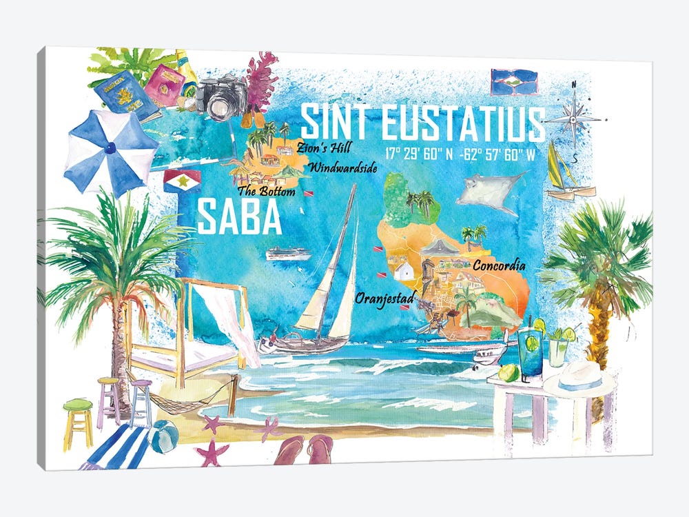 Saint Eustatius And Saba Dutch Caribbean Island Illustrated Travel Map With Tourist Highlights by Markus & Martina Bleichner 1-piece Canvas Wall Art