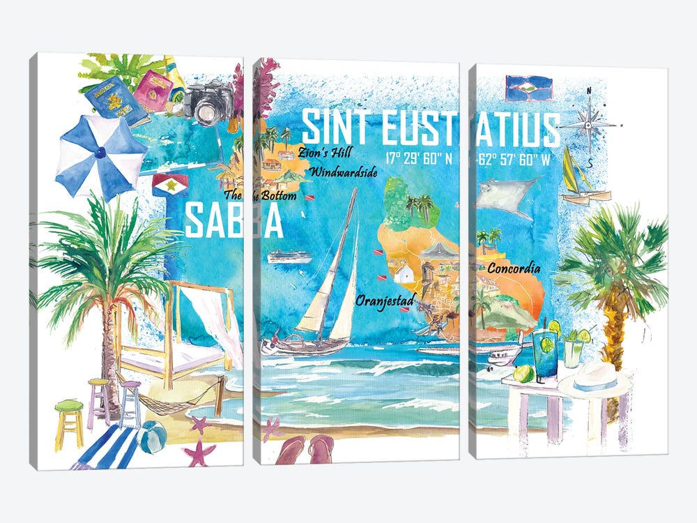 Saint Eustatius And Saba Dutch Caribbean Island Illustrated Travel Map With Tourist Highlights by Markus & Martina Bleichner 3-piece Canvas Art
