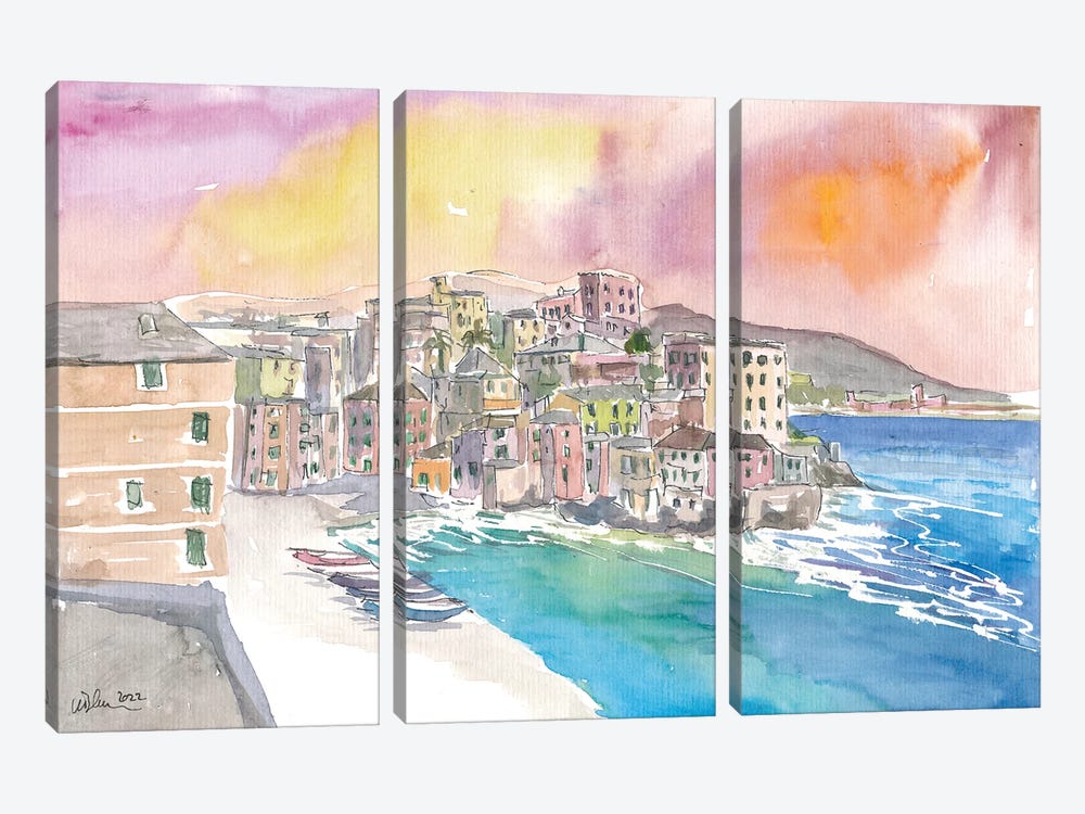 Boccadasse Little Italian Fishing Village In The City Of Genoa by Markus & Martina Bleichner 3-piece Canvas Art Print