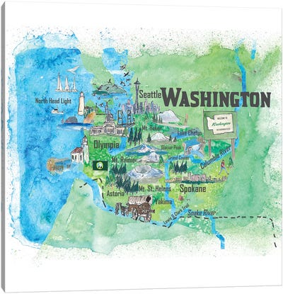 USA, Washington Illustrated Travel Poster Canvas Art Print - State Maps