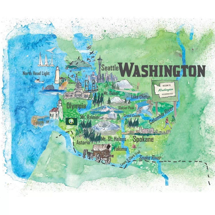 USA, Washington Illustrated Travel Poster