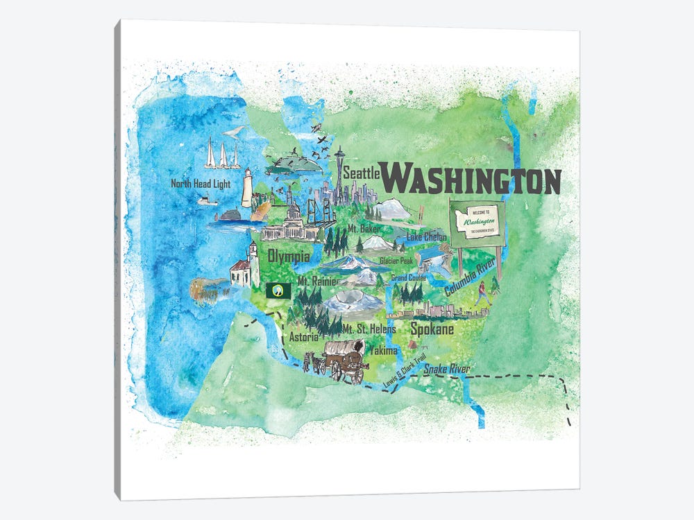 USA, Washington Illustrated Travel Poster by Markus & Martina Bleichner 1-piece Canvas Art