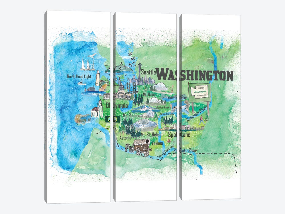USA, Washington Illustrated Travel Poster by Markus & Martina Bleichner 3-piece Canvas Artwork