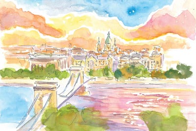 Budapest Hungary Elisabeth Bridge Over River Danube At Sunset by Markus & Martina Bleichner multi panel art