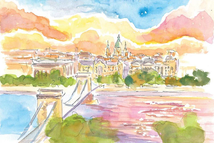 Budapest Hungary Elisabeth Bridge Over River Danube At Sunset by Markus & Martina Bleichner wall art