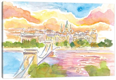 Budapest Hungary Elisabeth Bridge Over River Danube At Sunset Canvas Art Print - Hungary
