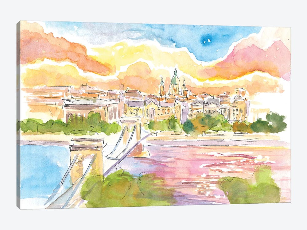 Budapest Hungary Elisabeth Bridge Over River Danube At Sunset by Markus & Martina Bleichner 1-piece Canvas Art