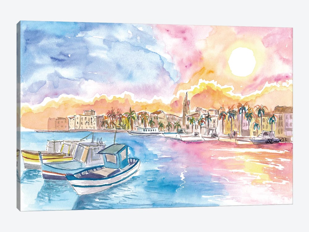 Romantic Harbor Sunset In Coastal Province In Southern France, Mediterranean Sea by Markus & Martina Bleichner 1-piece Canvas Wall Art