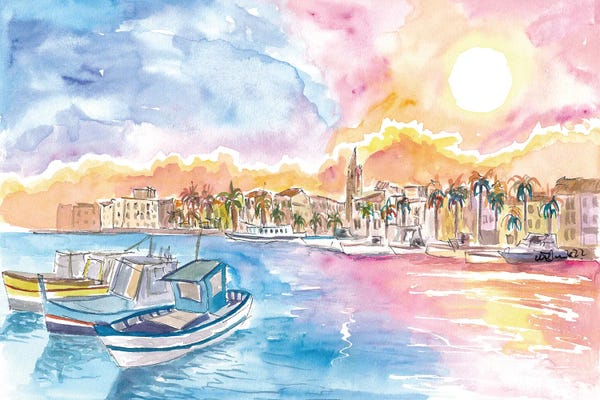 Markus & Martina Bleichner: Romantic Harbor Sunset In Coastal Province In Southern France, Mediterranean Sea by Markus & Martina Bleichner