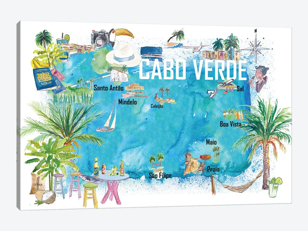 Cabo Verde Illustrated Island Travel Map With Tourist Highlights by Markus & Martina Bleichner 1-piece Canvas Wall Art