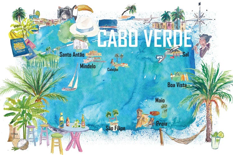 Cabo Verde Illustrated Island Travel Map With Tourist Highlights