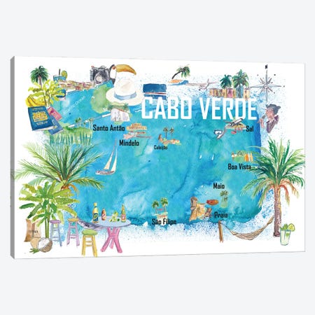 Cabo Verde Illustrated Island Travel Map With Tourist Highlights Canvas Print #MMB795} by Markus & Martina Bleichner Canvas Wall Art