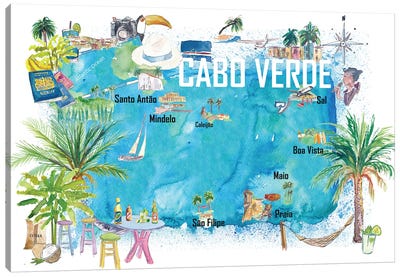 Cabo Verde Illustrated Island Travel Map With Tourist Highlights Canvas Art Print