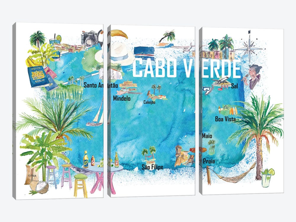 Cabo Verde Illustrated Island Travel Map With Tourist Highlights by Markus & Martina Bleichner 3-piece Canvas Artwork