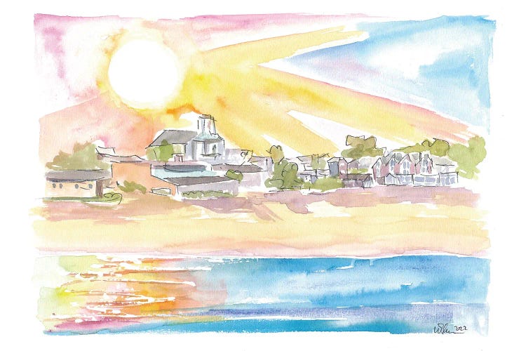 Cape Cod Coastal Beach House Scene At Sunset