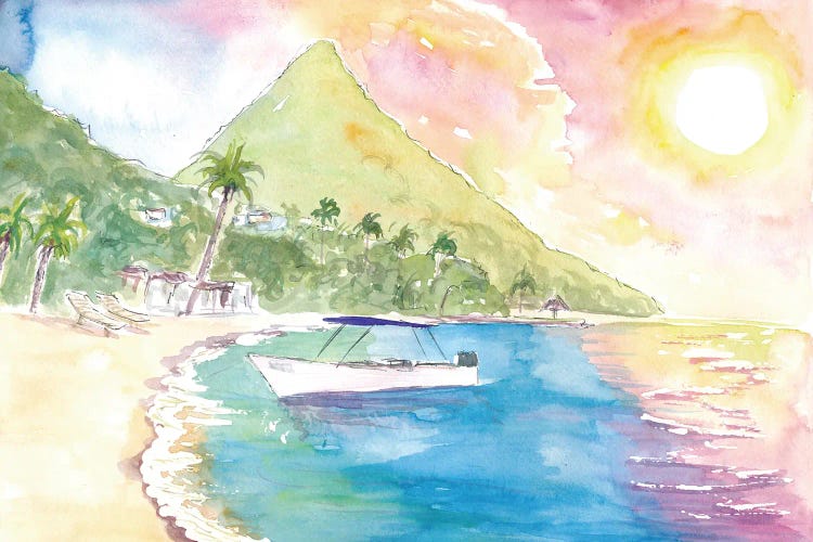 St Lucia Sunset And Amazing Piton Beach Scene