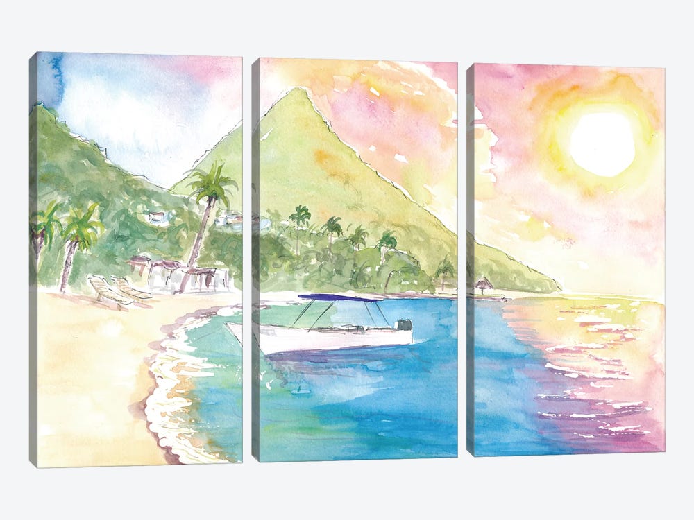 St Lucia Sunset And Amazing Piton Beach Scene by Markus & Martina Bleichner 3-piece Canvas Print